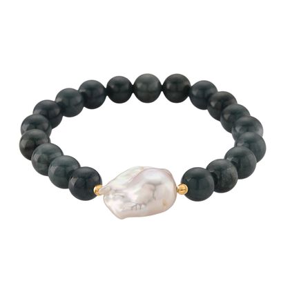 EXTREM SELTEN - Nat&uuml;rlicher Olmek Jadeit, S&uuml;&szlig;wasser Barockperle Armband, Flexibles, 925 Silber vergoldet