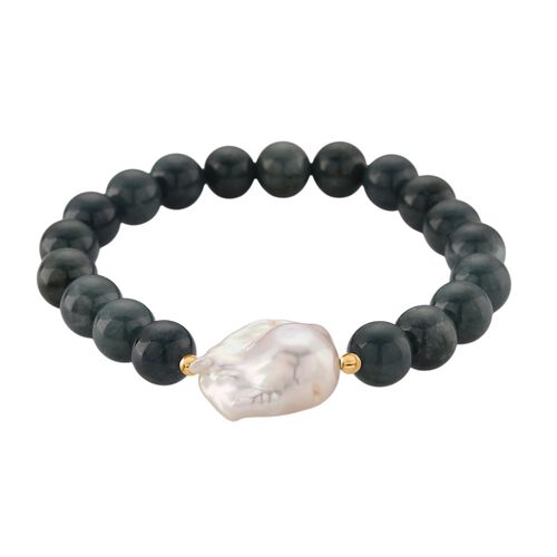 EXTREM SELTEN - Natürlicher Olmek Jadeit, Süßwasser Barockperle, Armband ca. Flexibles cm 925 Silber vergoldet 150.00 ct image number 0