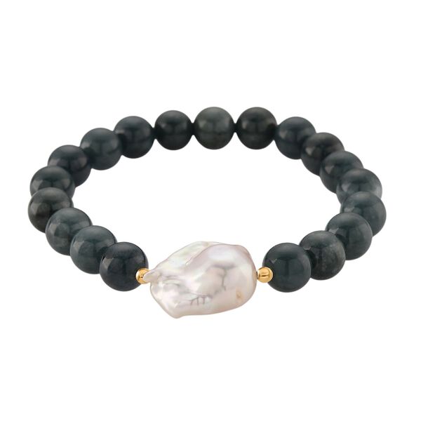 EXTREM SELTEN - Natürlicher Olmek Jadeit, Süßwasser Barockperle Armband, Flexibles, 925 Silber vergoldet image number 0