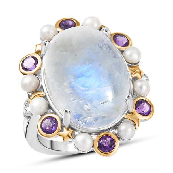 GP - Regenbogen Mondstein, S&uuml;&szlig;wasser Perle (3mm) Ring 925 Silber Rhodiniert und 750 Gelbgold Vermeil (Gr&ouml;&szlig;e 20.00) image number 4