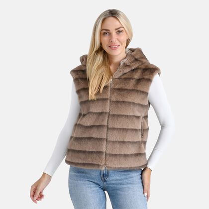 Weste mit Kapuze aus Webpelz, Einheitsgr&ouml;&szlig;e, Hellbraun