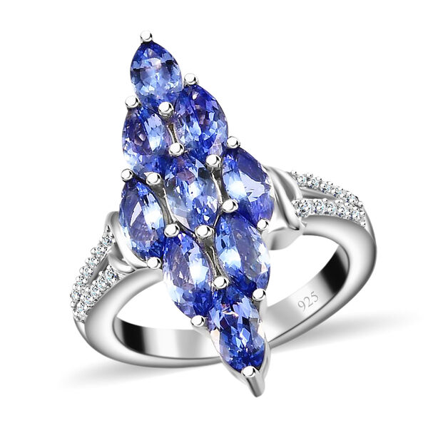 Tansanit und Zirkon Cluster Ring 925 Silber Platin-&Uuml;berzug image number 4