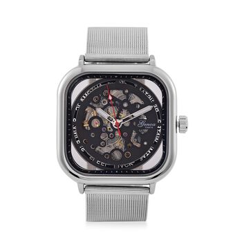 GENOA TIME V2 42mm Automatische Mechanikuhr - Schwarzes hohles Zifferblatt, Geh&auml;use aus Legierung mit IPS-Beschichtung, Edelstahl-Mesh-Armband,  3 ATM wasserdicht, Reiner Edelstahl 8.5 cm