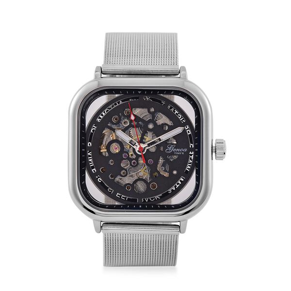 GENOA TIME V2 42mm Automatische Mechanikuhr - Schwarzes hohles Zifferblatt, Geh&auml;use aus Legierung mit IPS-Beschichtung, Edelstahl-Mesh-Armband,  3 ATM wasserdicht, Reiner Edelstahl 8.5 cm