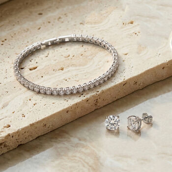 2er Set - Wei&szlig;er Zirkonia Armband und ohrstecker (Rund) Messing rhodiniert