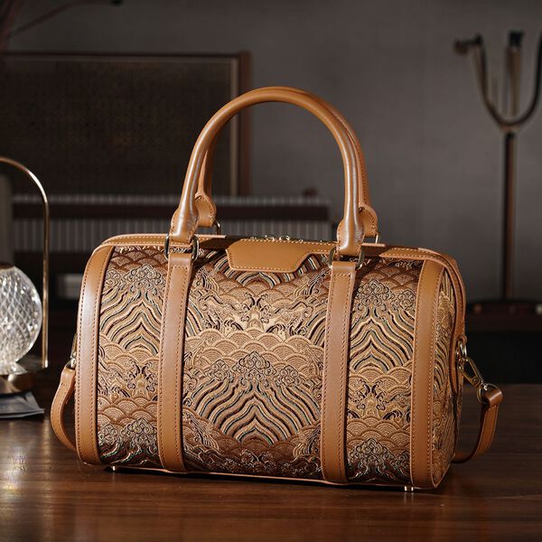 LA MAREY Brokat Crossbody Tasche aus Seide und Echtleder, 30x18x15cm, Braun image number 1