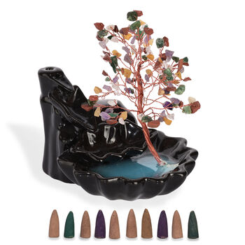 "Seven Chakra Backflow Incense Burner With  Crystal Tree Back Flow Incense Holder With 30 Incense Cones Size:- 18 X 10 X 20 Cms Color- Multi "