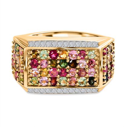 Nat&uuml;rlicher mehrfarbiger Turmalin, wei&szlig;er Zirkon Ring 925 Silber vergoldet (Gr&ouml;&szlig;e 21.00), ca. 2.38 ct