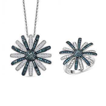 D'Joy blauer und wei&szlig;er Diamant Ring und Anh&auml;nger mit 50cm Kette