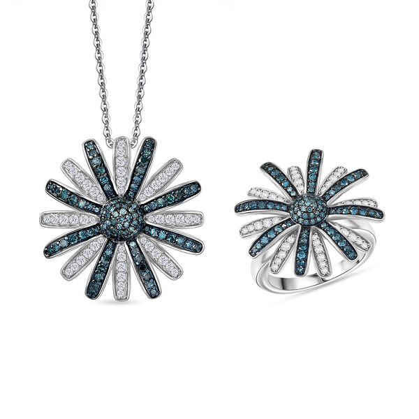 D'Joy blauer und wei&szlig;er Diamant Ring und Anh&auml;nger mit 50cm Kette