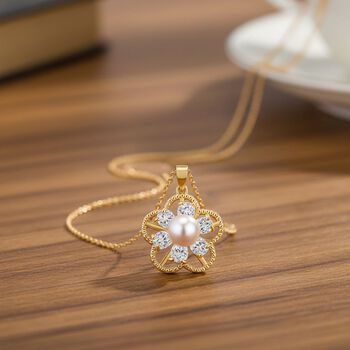 Wei&szlig;e S&uuml;&szlig;wasser Perle (6-8 mm), Wei&szlig;er Zirkonia Anh&auml;nger mit Kette, ca. 50 cm + 5 cm Extender, Nickelfreies Messing, Reines Kupfer vergoldet