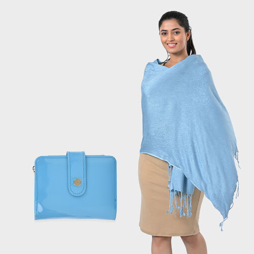 Jacquard-Schal aus Viskose und Geldbörse aus PU-Leder mit RFID-Schutz Hellblau image number 0