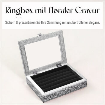 Handgefertigte Aluminium-Ringbox mit floraler Gravur und schwarzem Kratzschutz-Innenfutter