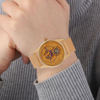 GENOA TIME V2 - Automatische mechanische Uhr mit Drachenmuster und Edelstahl-Mesharmband, 23 cm, vergoldet, ca. 89,00g