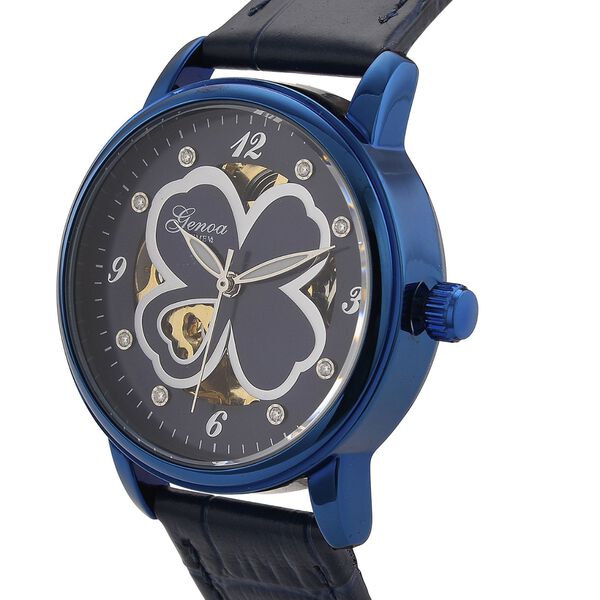 GENOA TIME V2 Automatikuhr mit Automatikwerk, Zifferblatt mit Blumenmuster und Moissaniten, blaues Lederarmband, 36 mm, ca. 0,08 ct. image number 3