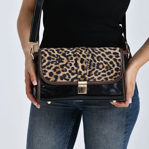 Chaos by Elsie - Echtleder Crossbody Tasche mit RFID, Leopardenmotiv Klappe, 2 Außenfächer mit Reißverschluss, 28 x 10 x 18 cm, Schwarz image number 4