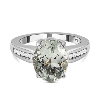 Prasiolith und wei&szlig;er Zirkon-Ring, 925 Silber platiniert (Gr&ouml;&szlig;e 16.00) ca. 3.44 ct