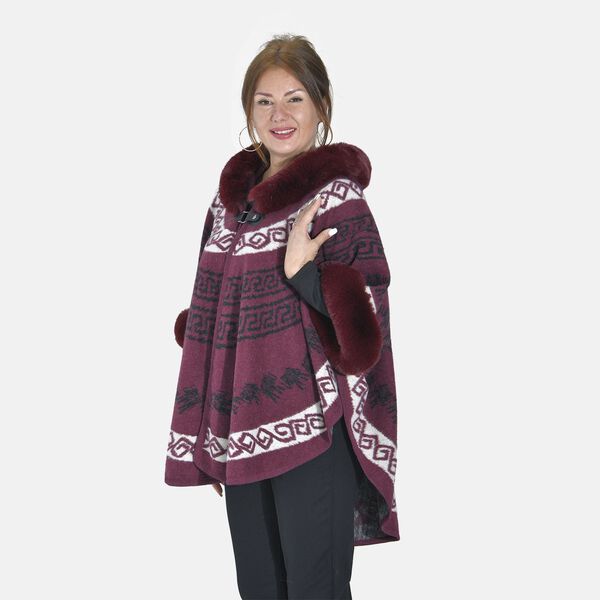 Halbmondf&ouml;rmiger Kapuzenponcho mit Druckknopfverschluss aus Kunstpelz, One Size, 80x109.22cm, Rot image number 3