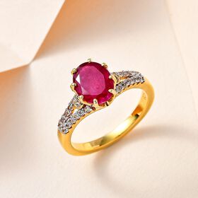 Afrikanischer Rubin (Fissure gefüllt), Weißer Zirkon Ring, 925 Silber Gelbgold Vermeil (Größe 17.00) ca. 3.01 ct