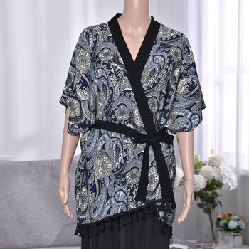 Kurz&auml;rmeliger Kimono mit  Blumendruck, schwarzem G&uuml;rtel, 86x69cm, blau