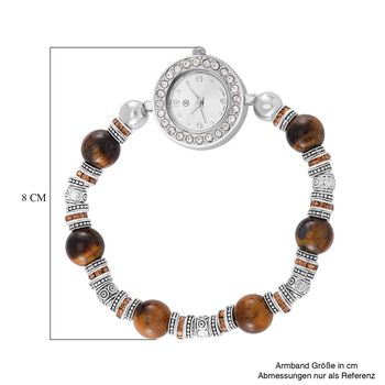 STRADA - Gelbes Tigerauge, Wei&szlig;er Kristall Armband-Uhr, Japanisches Uhrwerk, ca. 18-19cm, Schwarz oxidiert