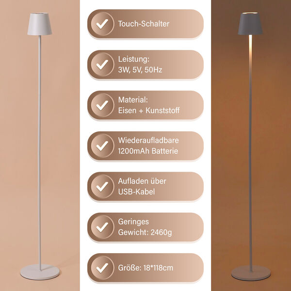 Kabellose Stehlampe mit Touch-Steuerung, Weiß, 18x118 cm image number 3
