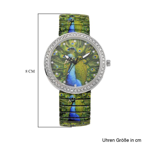 STRADA - Armbanduhr mit Pfaumotiv, Kristall-Lünette, Japanisches Uhrwerk, Edelstahlzugband, Reiner Edelstahl image number 7