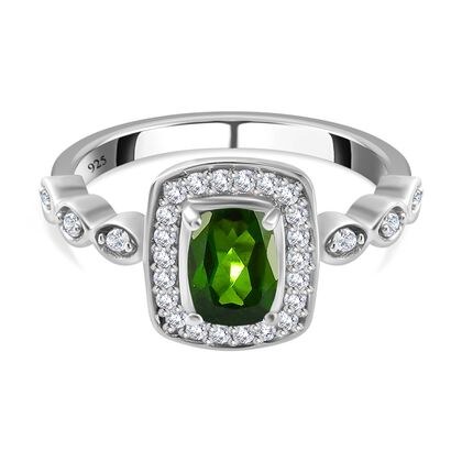 Nat&uuml;rlicher Chromdiopsid und wei&szlig;er Zirkon-Ring, 925 Silber platiniert (Gr&ouml;&szlig;e 21.00) ca. 1.22 ct