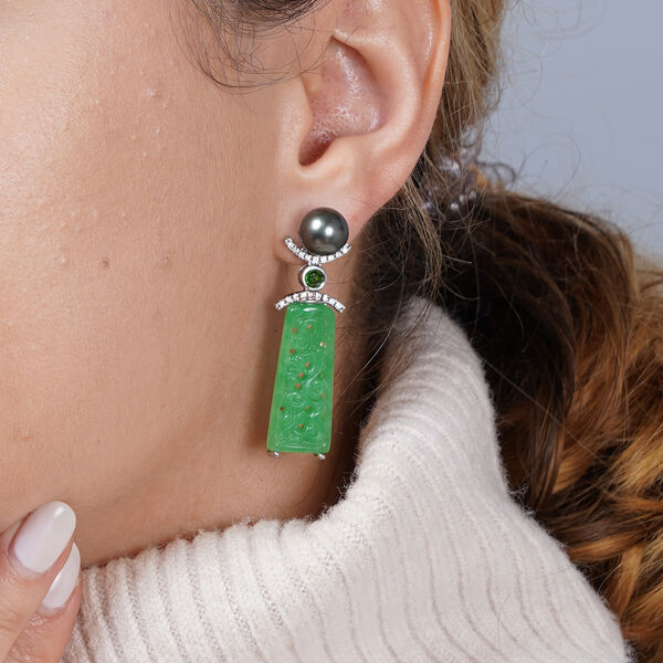 Handgeschnitzte Gr&uuml;ne Jade Ohrh&auml;nger 925 Silber rhodiniert ca. 36,53 ct&nbsp; image number 2