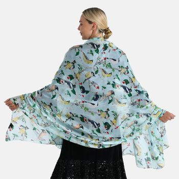 LA MAREY Signature Seidenschal aus 100% Maulbeerseide, 110 x 195 cm, Pastellblau Vogelmotiv