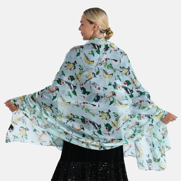  LA MAREY signature 100% silk scarf110*195cmweight:40gcolor:light blue with Bird patternMaterial:100% Mulberry silk image number 2