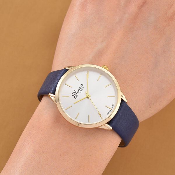 GENOA TIME V2 - Quarzuhr mit japanischem PC21S Werk, weißem Zifferblatt und blauem Lederarmband, vergoldetem Gehäuse, 3 ATM wasserdicht image number 2