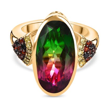 Wassermelonen Quarz Triplette, Schwarzer Spinell Ring 925 Silber 750 Gelbgold Vermeil (Gr&ouml;&szlig;e 21.00) ca. 10,91 ct