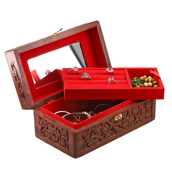 Sheesham Handgeschnitzte Schmuckschatulle: 2 Schichten, 23x13 cm, braun image number 5