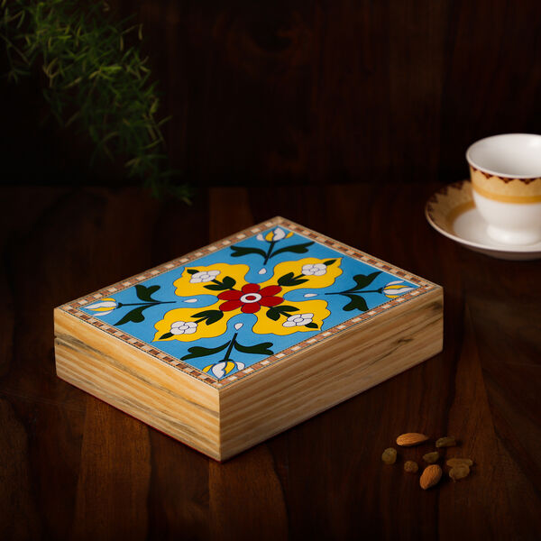 Handbemalte Aufbewahrungsbox aus Kiefernholz, 22x16x5 cm, Blumenmuster, Türkis image number 2