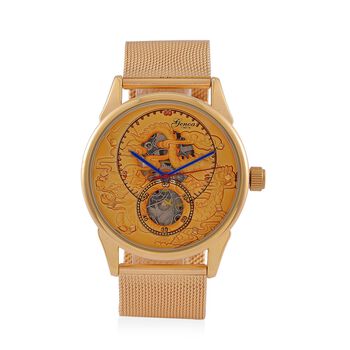 GENOA TIME V2 - Automatische mechanische Uhr mit Drachenmuster und Edelstahl-Mesharmband, 23 cm, vergoldet, ca. 89,00g