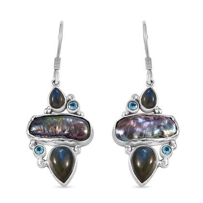 D'Joy S&uuml;&szlig;wasser Pfau Perle, Labradorit Ohrringe 925 Silber rhodiniert 13.67 ct