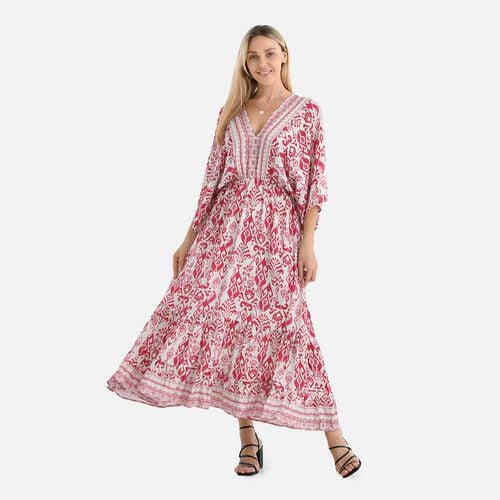 Maxikleid mit Zebraprint, Kimono-Ärmeln, Stufenrock und Rückenschleife, elastische Taille, 100% Viskose, 38x135 cm (erweiterbar bis 62 cm), Mehrfarbig