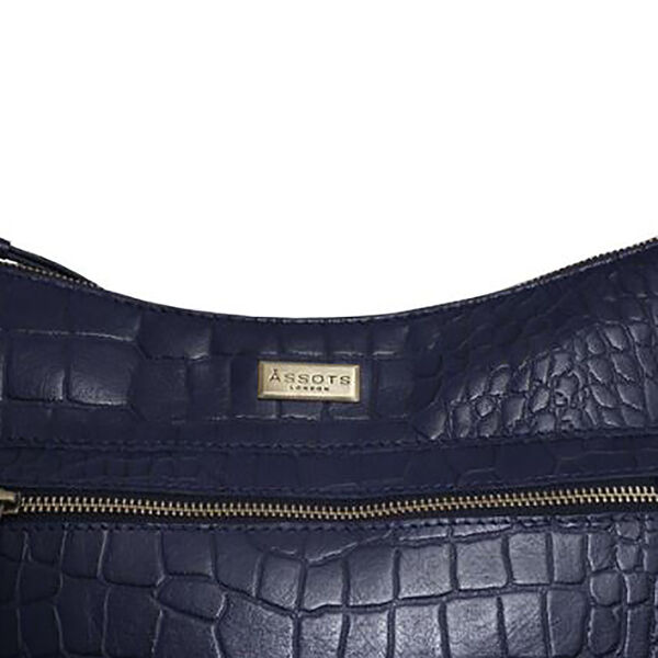 Assots London OLGA 100% echtes Leder Kroko-geprägte Crossbody Tasche mit Reißverschluss und verstellbarem Riemen, Größe: 30x9,5x26 cm, Dunkelblau image number 5