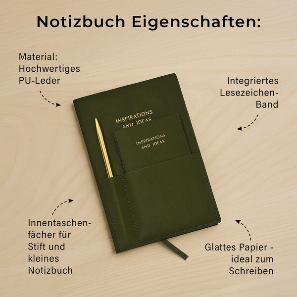 Notizbuch-Set, Gr&uuml;n, 2 Gr&ouml;&szlig;en, PU-Einband, Metallstift, Geschenkbox Schwarz image number 3