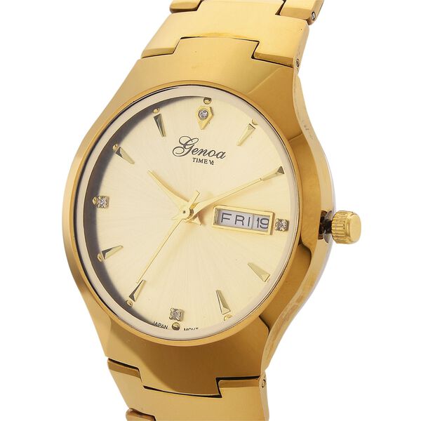 GENOA TIME V2 Uhr mit Japanischem VJ33 Quarzwerk, 36 mm, Zifferblatt mit Kristallen und Datumsanzeige, Armband aus Wolframstahl, 3 ATM wasserdicht, vergoldet image number 3