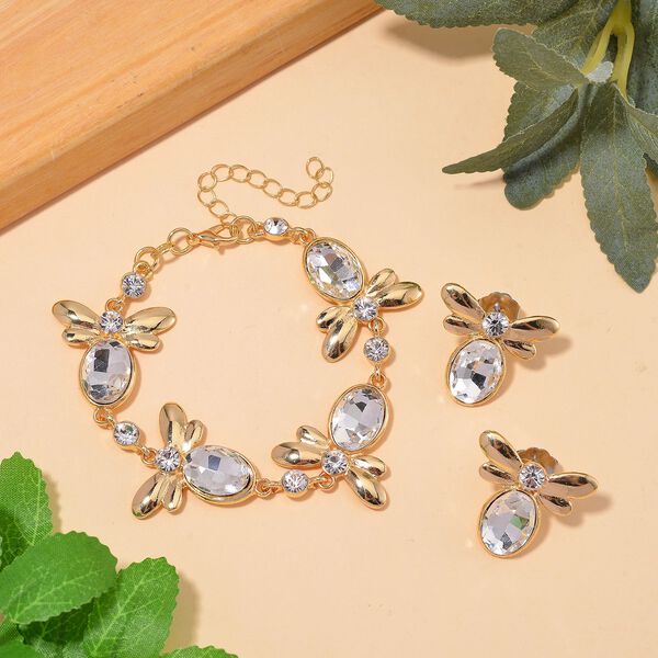 DESIGNER INSPIRIERT - 2er Set - Weißer Kristall Armband und Ohrringe, goldfarben image number 2