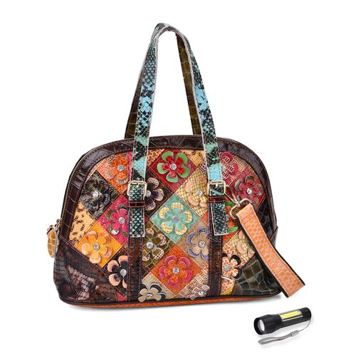 "Chaos by Elsie Genuine Leather Crossbody Bag with RFID with Mini flash torch 1.Color:Multicolor Embossed crocdile shining doulbe  rhomboid pattern with studs Size: 32*14.5*24CM    Handle drop:?cm             Wall: Genuine Leather Lining: Polyester image number 0