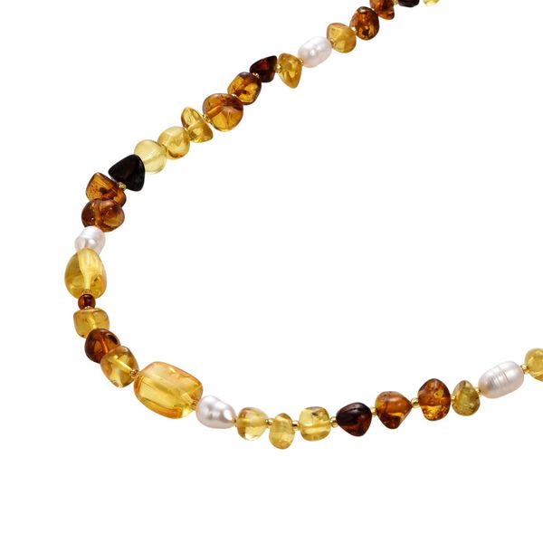 D'Joy Wei&szlig;e S&uuml;&szlig;wasser Perle (6-8 mm), Mehrfarbiger Bernstein Halskette ca. 50 cm 925 Silber vergoldet image number 5