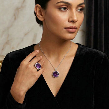 D'Joy Rose De France Amethyst und Moissanit Ring und Anh&auml;nger mit 50cm Kette