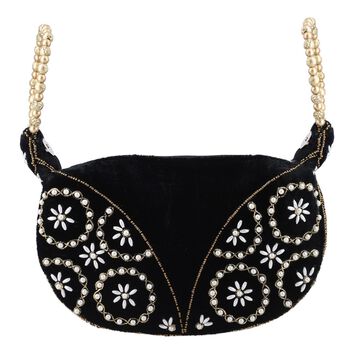 Handgefertigte Gl&uuml;ckskekstasche aus Samtbrokat mit Perlen, 16,5x24 cm, schwarz