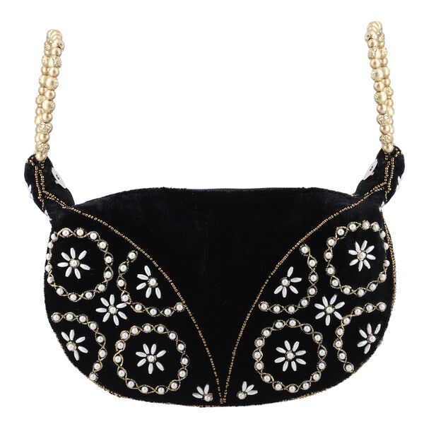 Handgefertigte Gl&uuml;ckskekstasche aus Samtbrokat mit Perlen, schwarz