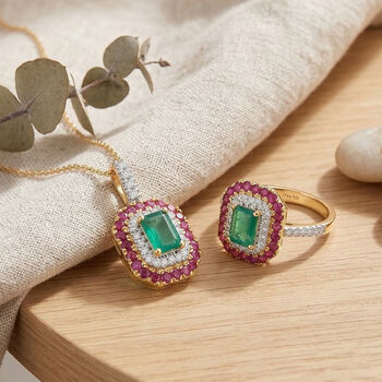 D&rsquo;Joy AAA Kagem sambischer Smaragd, Mosambik Rubin und Moissanit Ring und Anh&auml;nger mit 50cm Kette