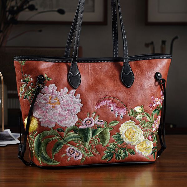 Bestickter Shopper, Kunstleder, Blumen Design, 46 x 15 x 28 cm, Orange image number 2