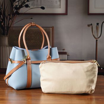 Leder Shopper Set 2 teilig mit Magnetfach und Rei&szlig;verschlussfach 35 x 11 x 20 cm Blau Braun